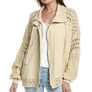 Free People Dune Bug Zip-Up Cotton Cardigan, Cream / Tan | Size Medium